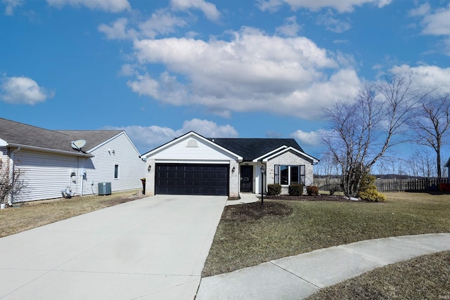 ranch-style home featuring a front yard, an attached garage, central AC, concrete driveway, and brick siding