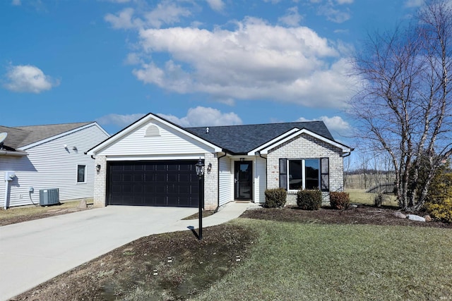 ranch-style home featuring a front yard, driveway, central AC, a garage, and brick siding