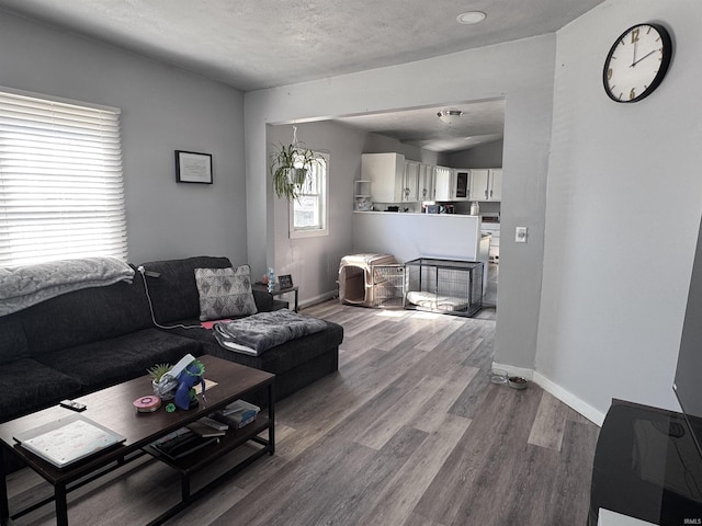 living room with baseboards and wood finished floors