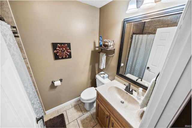 full bath with a shower with curtain, toilet, tile patterned flooring, baseboards, and vanity