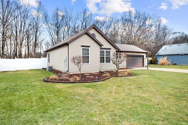 ranch-style home with a front lawn, fence, concrete driveway, a garage, and central AC unit