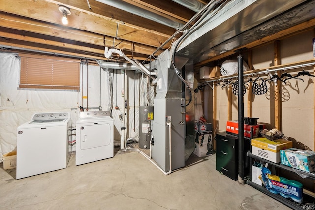 unfinished below grade area with heating unit, separate washer and dryer, and water heater