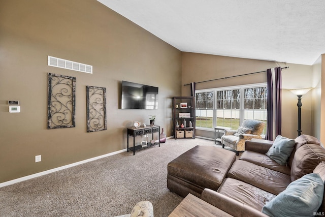 living area featuring visible vents, baseboards, carpet, and high vaulted ceiling