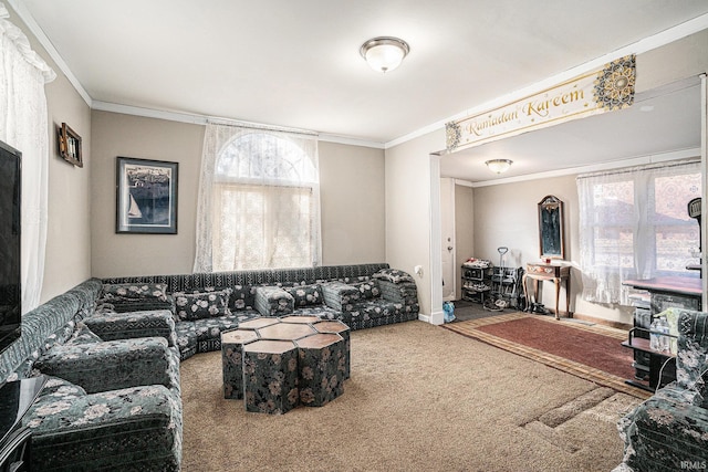 carpeted living room featuring baseboards and ornamental molding