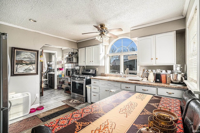 kitchen featuring ceiling fan, appliances with stainless steel finishes, ornamental molding, and white cabinetry