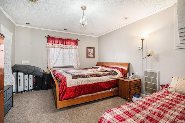 bedroom featuring carpet, ornamental molding, and a textured ceiling