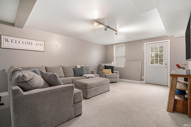 living area with track lighting, light colored carpet, and baseboards