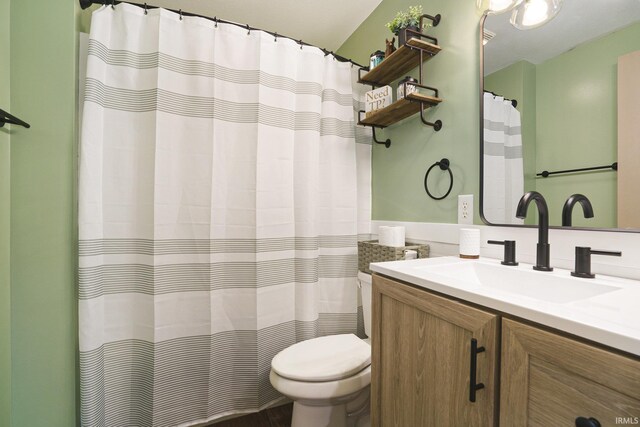 bathroom featuring vanity, curtained shower, and toilet