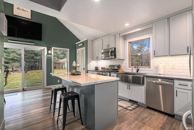 kitchen with appliances with stainless steel finishes, a breakfast bar, dark wood-type flooring, and lofted ceiling