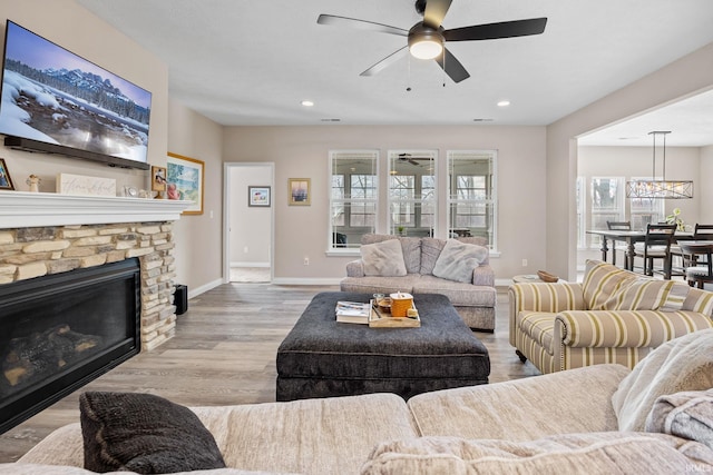 living area featuring baseboards, plenty of natural light, wood finished floors, and a fireplace