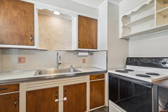 kitchen featuring brown cabinets, ornamental molding, electric stove, a sink, and decorative backsplash