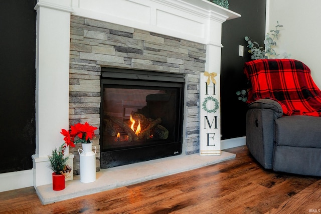 details with a stone fireplace and wood finished floors