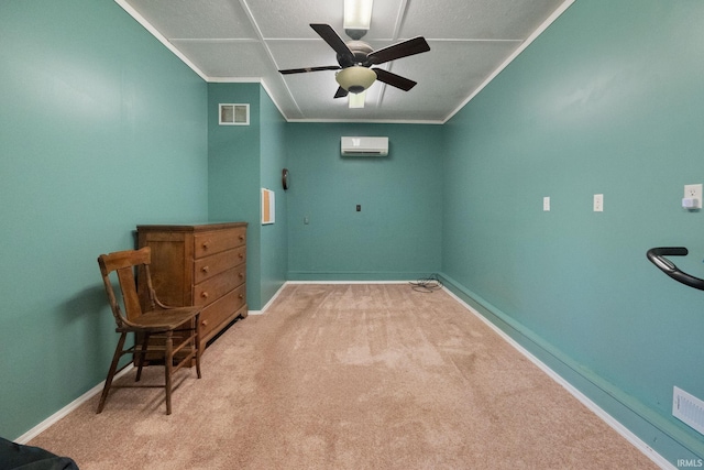 interior space featuring visible vents, crown molding, carpet, a wall mounted AC, and a ceiling fan