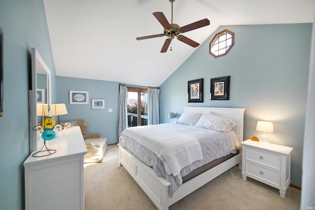 bedroom featuring lofted ceiling, access to outside, a ceiling fan, and light carpet