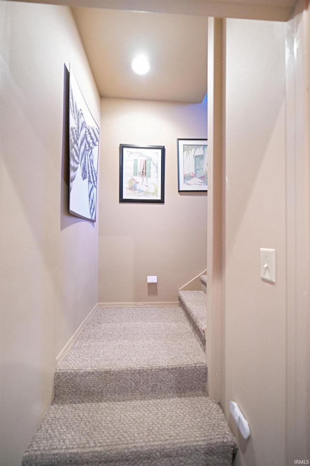 staircase with baseboards and carpet floors