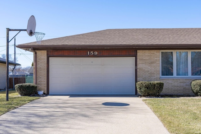 view of front facade featuring brick siding, concrete driveway, roof with shingles, and fence