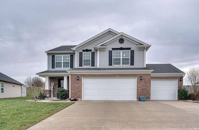 traditional home featuring brick siding, a front lawn, concrete driveway, roof with shingles, and an attached garage