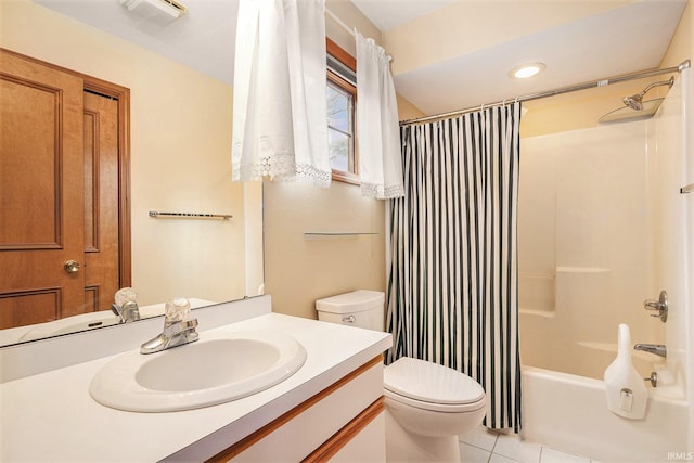 bathroom with tile patterned flooring, visible vents, toilet, shower / tub combo with curtain, and vanity