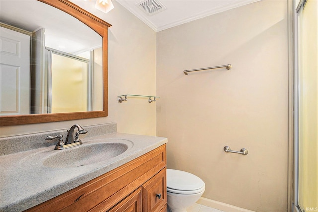 full bath with vanity, visible vents, tile patterned flooring, a shower stall, and toilet