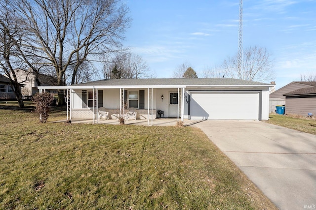 ranch-style house featuring a front lawn, a porch, stucco siding, a garage, and driveway