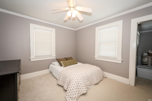 bedroom featuring baseboards, light carpet, ornamental molding, and a ceiling fan