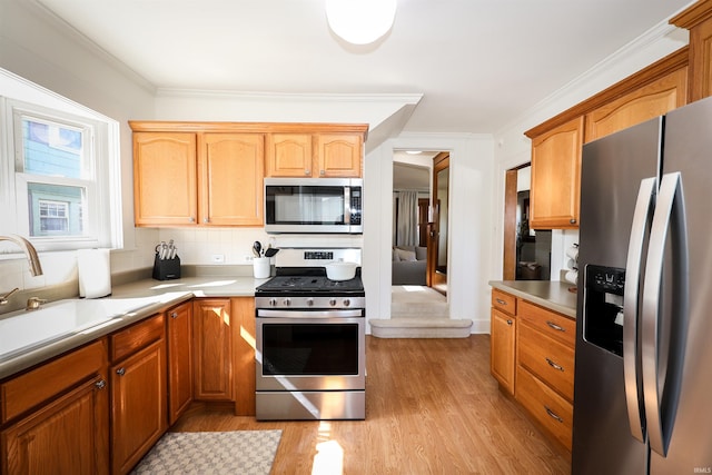 kitchen featuring light countertops, ornamental molding, light wood-style flooring, appliances with stainless steel finishes, and a sink