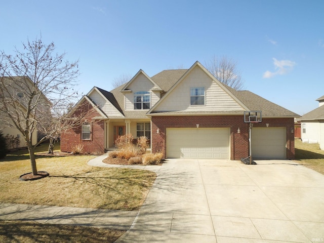 view of front facade with a front lawn, roof with shingles, concrete driveway, a garage, and brick siding