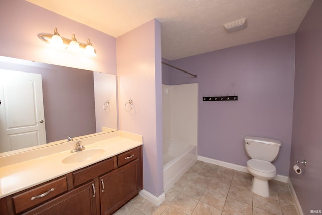 bathroom featuring toilet, tile patterned flooring, tub / shower combination, baseboards, and vanity