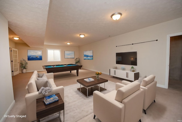 game room with carpet flooring, baseboards, a textured ceiling, and pool table