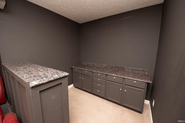 interior space with baseboards, light colored carpet, and a textured ceiling