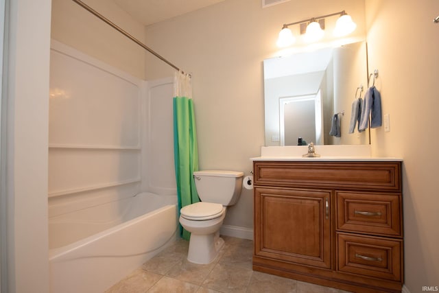 bathroom with toilet, shower / bath combination with curtain, tile patterned flooring, baseboards, and vanity