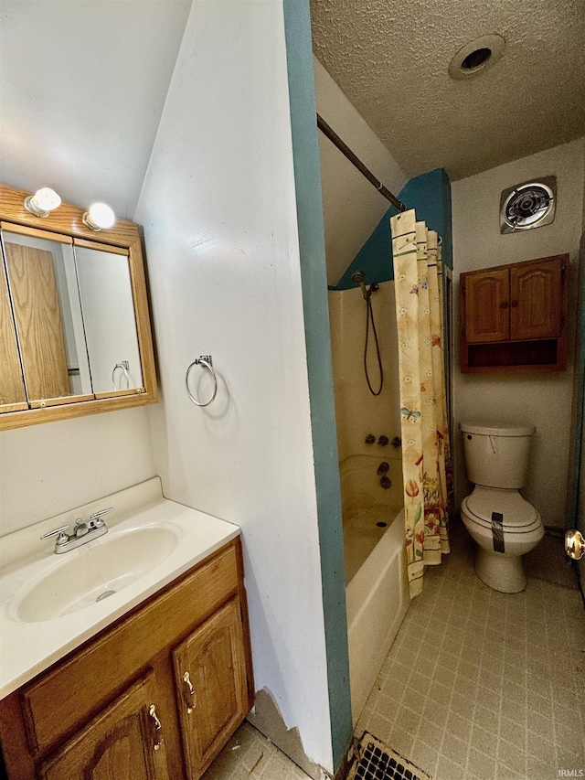 bathroom featuring visible vents, toilet, vaulted ceiling, shower / bath combination with curtain, and vanity