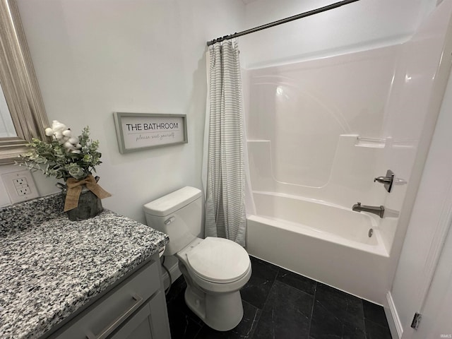 full bath with toilet, vanity, and shower / bath combo