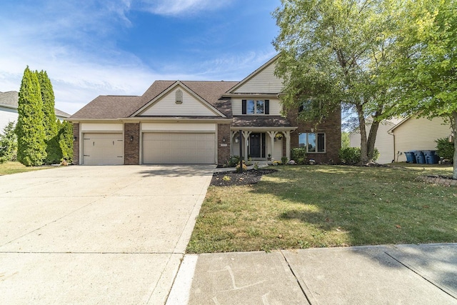 traditional-style house with brick siding, driveway, a front lawn, and a garage