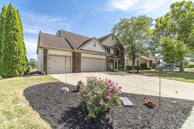 view of front of property featuring concrete driveway, an attached garage, brick siding, and a front lawn