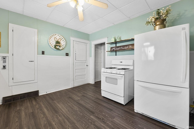 kitchen with white appliances, visible vents, dark wood finished floors, open shelves, and ceiling fan