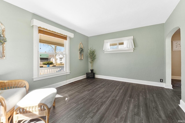 unfurnished room with baseboards, arched walkways, plenty of natural light, and wood finished floors