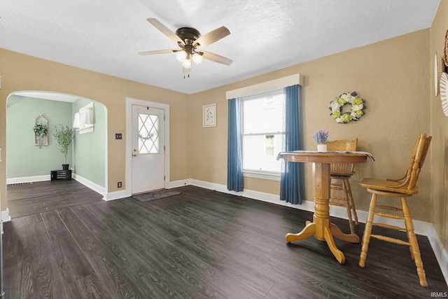 foyer entrance featuring arched walkways, plenty of natural light, baseboards, and wood finished floors