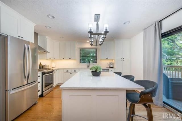 kitchen with white cabinetry, light countertops, a kitchen breakfast bar, and appliances with stainless steel finishes