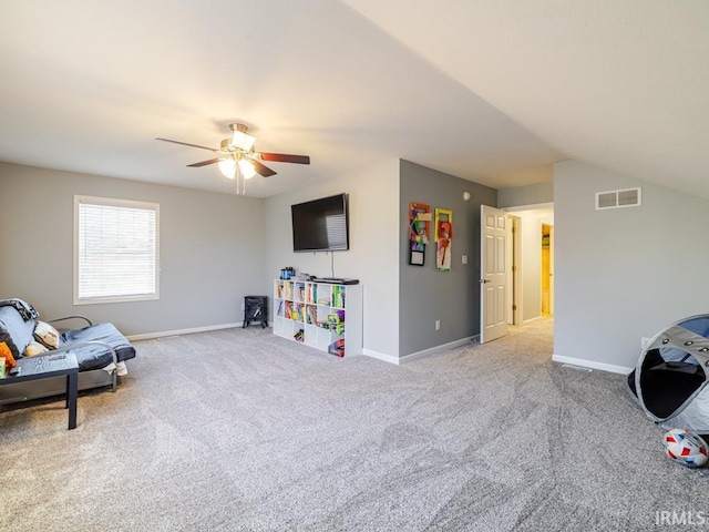 game room with visible vents, ceiling fan, baseboards, and carpet floors