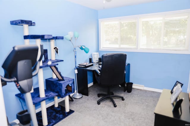 office area with carpet, baseboards, and ceiling fan