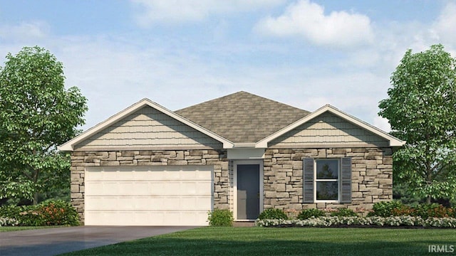 craftsman inspired home with a garage, stone siding, a front yard, and driveway