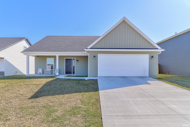 ranch-style house with driveway, an attached garage, covered porch, a front lawn, and board and batten siding