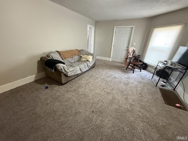 carpeted living room with baseboards and a textured ceiling