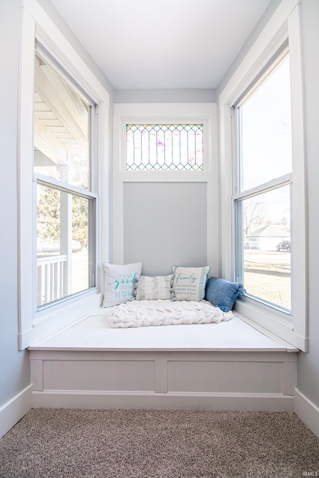 living area featuring carpet flooring and baseboards