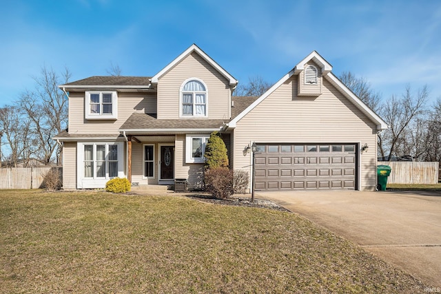 traditional-style home with fence, a front yard, roof with shingles, a garage, and driveway