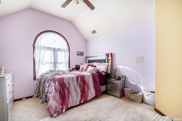 bedroom with a ceiling fan, visible vents, baseboards, vaulted ceiling, and light colored carpet