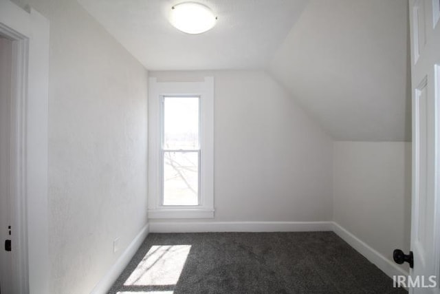 additional living space featuring dark carpet, baseboards, and lofted ceiling