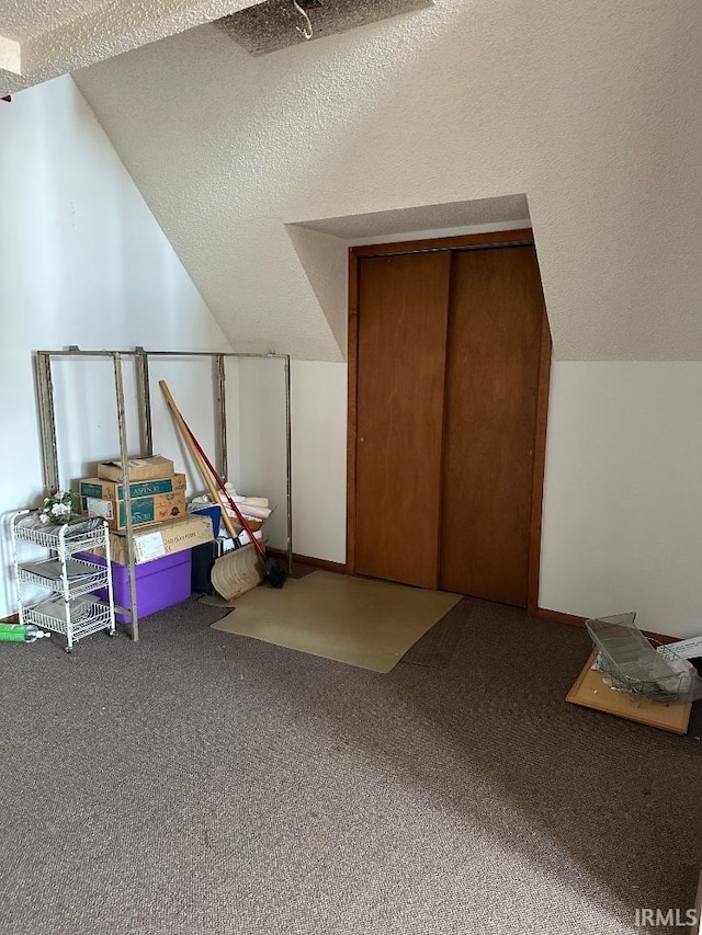 bonus room featuring carpet, vaulted ceiling, and a textured ceiling