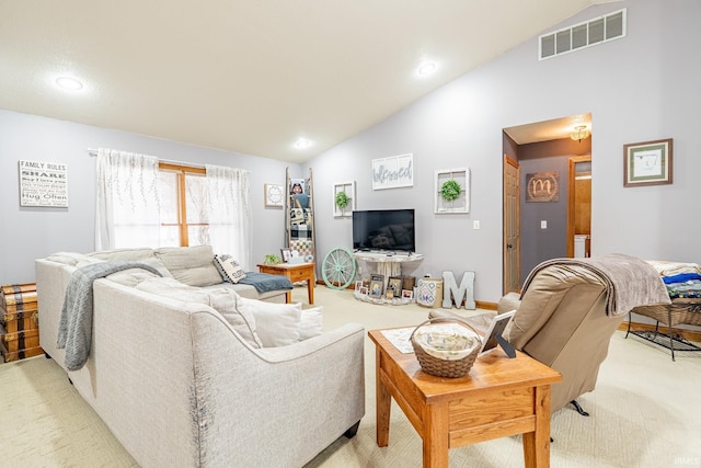 living area featuring recessed lighting, visible vents, light colored carpet, and high vaulted ceiling